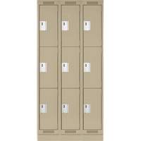 Clean Line Lockers, 3 -tier, Bank of 3, 36" x 18" x 76", Steel, Beige, Rivet (Assembled) Oxymax Inc