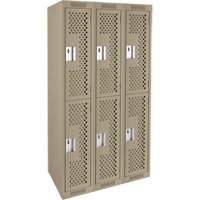 Clean Line Lockers, 2 -tier, Bank of 3, 36" x 12" x 72", Steel, Beige, Rivet (Assembled), Perforated Oxymax Inc