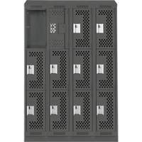 Clean Line Lockers, 3 -tier, Bank of 4, 48" x 18" x 82", Steel, Charcoal, Rivet (Assembled), Perforated Oxymax Inc