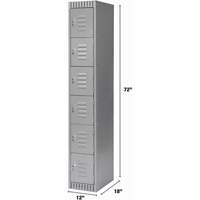Lockers, 6 -tier, 12" x 18" x 72", Steel, Grey, Knocked Down Oxymax Inc