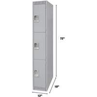 Lockers, 3 -tier, 12" x 18" x 72", Steel, Grey, Knocked Down Oxymax Inc