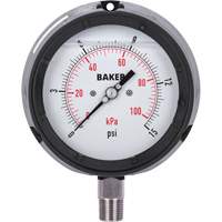 Pressure Gauge, 4-1/2" , 0 - 15 psi/0 - 100 kPa, Bottom Mount, Liquid Filled Analogue Oxymax Inc
