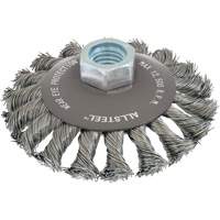 Brosse m&eacute;tallique AllSteel, Dia. 4", Fils 0,02", Arbre 5/8"-11, Acier Oxymax Inc