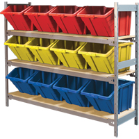 Wide Span Shelving with Jumbo Plastic Bins, Steel, Boltless, 800 lbs. Capacity, 66" W x 60" H x 18" D Oxymax Inc