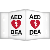90° Projecting "AED/DEA" Sign, 6" x 5", Plastic, Bilingual with Pictogram SHI574 | Oxymax Inc