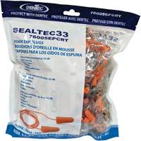 Bouchons d'oreilles coniques jetables en mousse de PU orange SEALTEC33, Vrac - Sac en poly, Avec cordon Oxymax Inc