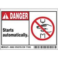 Enseigne Danger Starts Automatically, 3-1/2" x 5", Polyester, Anglais avec pictogramme Oxymax Inc