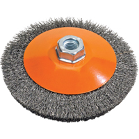Brosse soucoupe &agrave; fils nou&eacute;s torsad&eacute;s, Dia. 5", Fils 0,02", Arbre 5/8"-11, Acier Oxymax Inc