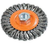 Wide Knotted Wire Wheel Brush, 4-1/2" Dia., 0.02" Fill, 5/8"-11 Arbor, Steel Oxymax Inc